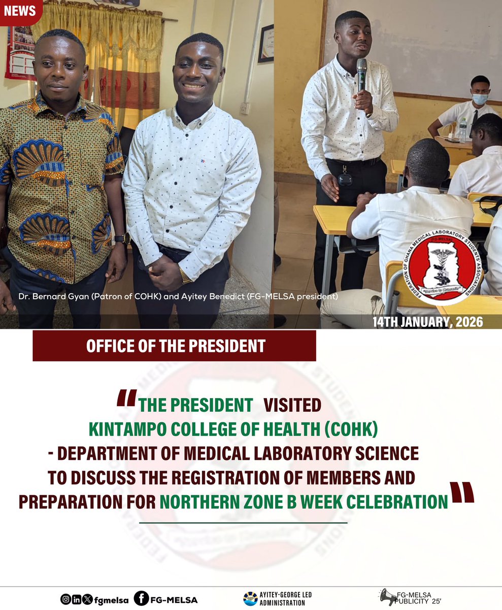 As part of our ongoing efforts of strengthening ties with students in training institutions, our President <a href="/Mr_Ben_Ayitey/">Mr_Ben_Ayitey</a> visited Kintampo College of Health (COHK) – Dept. of Medical Lab Science to discuss member registration &amp; preparation for Northern Zone B Week Celebration!