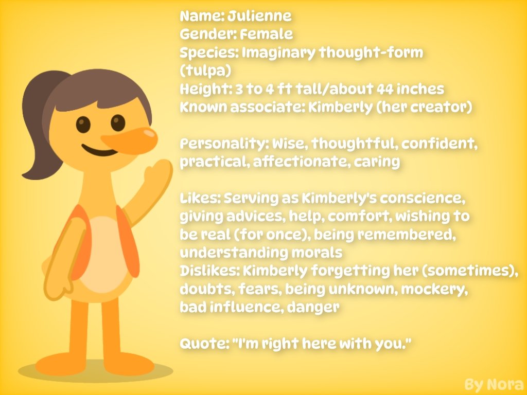 NoreenArmiel's tweet image. Here's Julienne's bio and reference sheet. 💛🧡
Might be the last one for today so hope you enjoyed.
#imaginaryfriend #imaginaryfriends #originalcharacter #originalcharacters #oc #ocs #art #myart #ArtistOnTwitter