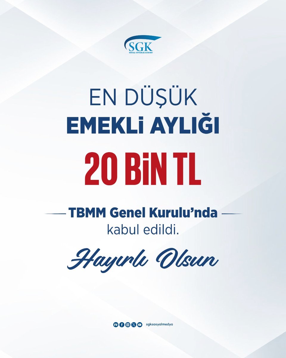 En düşük emekli aylığının 20 bin TL’ye yükseltilmesi TBMM Genel Kurulu’nda kabul edildi.

Hayırlı Olsun