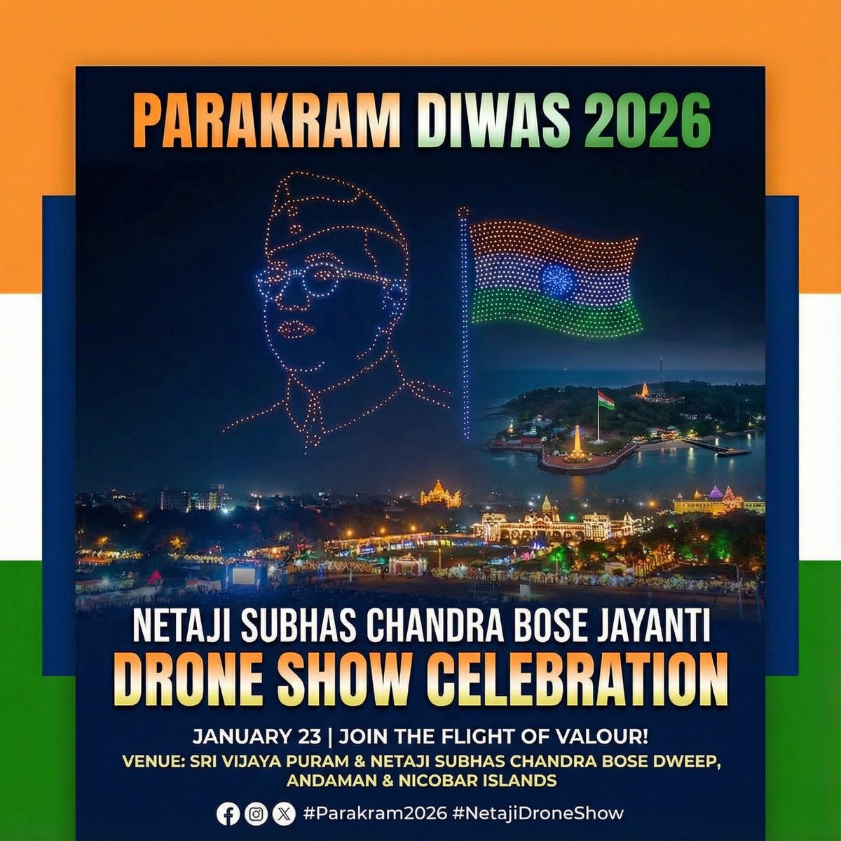 ansigoi's tweet image. 🇮🇳 When the sky rises for Netaji ✨
A drone tribute of courage, freedom &amp;amp; pride — Parakram Diwas 2026.
#ParakramDiwas2026 #NetajiSubhasChandraBose #DroneShow #NetajiJayanti #AzadHind #IndianPride