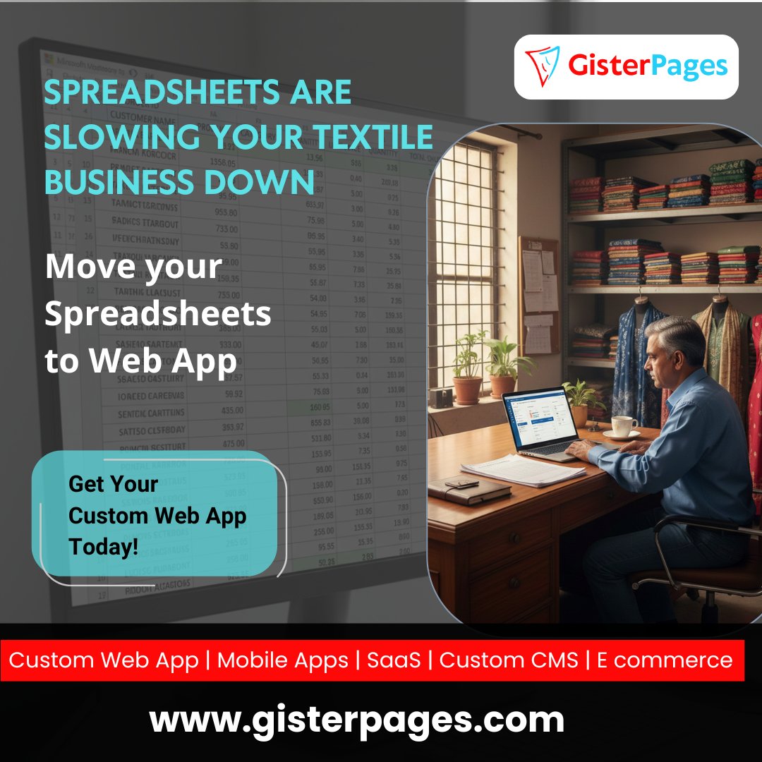 gisterpages's tweet photo. GisterPages converts spreadsheets into custom web apps that automate inventory, orders, and reports for better efficiency and control.

📞 +91 9994341578 
🌐 https://t.co/qt2YWRlHNU
✉ info@gisterpages.com

#TextileAutomation #CustomWebApp #ReplaceExcel #TextileSoftware https://t.co/S01RRrzYLr