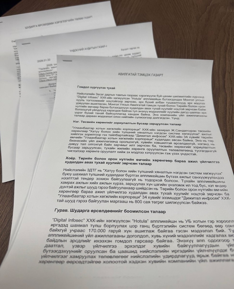 Бидний хэсэг хүмүүс нийлээд нийслэлийн дарга нарын хууль бус үйлдлүүдийг шалгуулахаар АТГ, ХЭҮК, ҮАГ, Мопополын эсрэг газарт өргөдөл гомдлоо гаргаж өглөө. Нийслэл гэж хуульгүй дураар тонгочдог газар болсонд эгдүүцсэн нийгмийн идэвхтэй 20-д хүний хөдөлмөр шингэсэн өргөдөл.