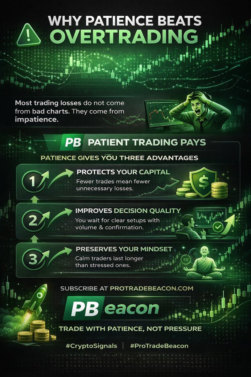 ProtradeB's tweet photo. Why Patience Beats Overtrading
Most trading losses come from impatience, not bad charts.

 Overtrading leads to weak setups and emotional decisions.
 The market rewards discipline and -- https://t.co/bbbrUieLDy