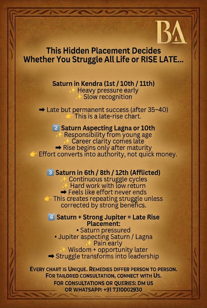 BanarasiAstro's tweet image. #LateRise
#SaturnLessons
#AstrologyTruth
#VedicAstrology
#CareerAstrology