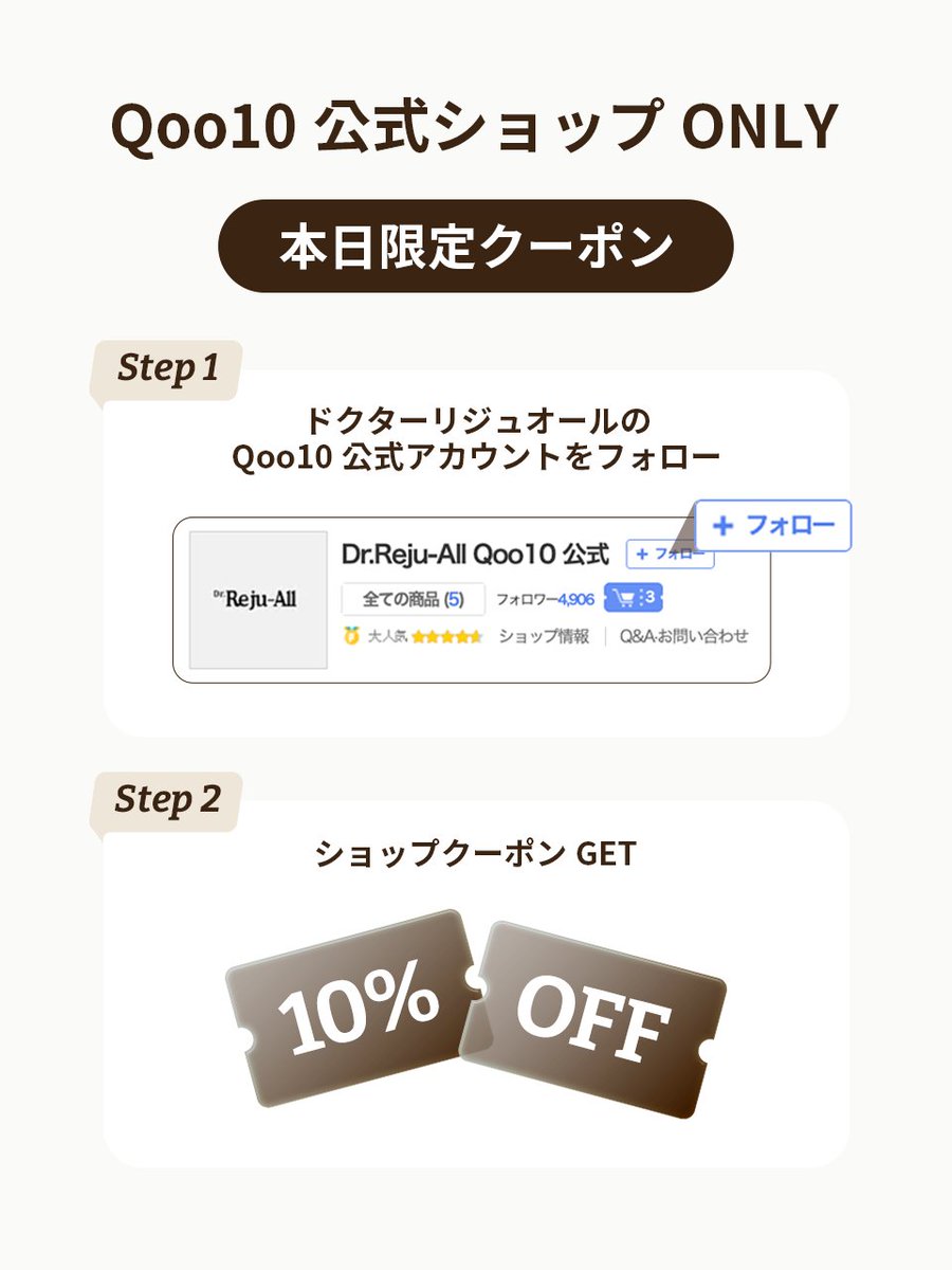 リジュオールDAY
本日限定！最大28％OFFになるチャンス✨

ステップ1
リジュオールQoo10公式をフォロー

ステップ2
10％OFFのクーポンをゲット

ステップ3
商品購入の際にクーポン適用

[1月23日(金)限定ショップクーポン] 
お見逃しなく～💛

🔗qoo10.jp/shop/rejuall