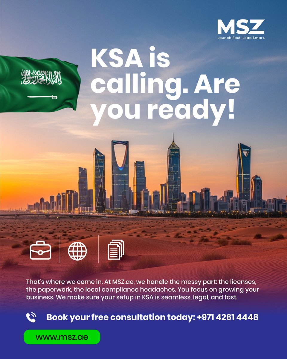msz_uae's tweet photo. Why expand to Saudi Arabia? 
 ✅ 100% foreign ownership 
 ✅ Rapidly growing sectors 
 ✅ Gov. incentives 
 ✅ Strategic location

Start your Saudi entrepreneurship journey today → +97142614448 | https://t.co/m8IhdBkOIl

#BusinessSetupKSA #Vision2030 #StartBusiness https://t.co/Nomxjlbbp6