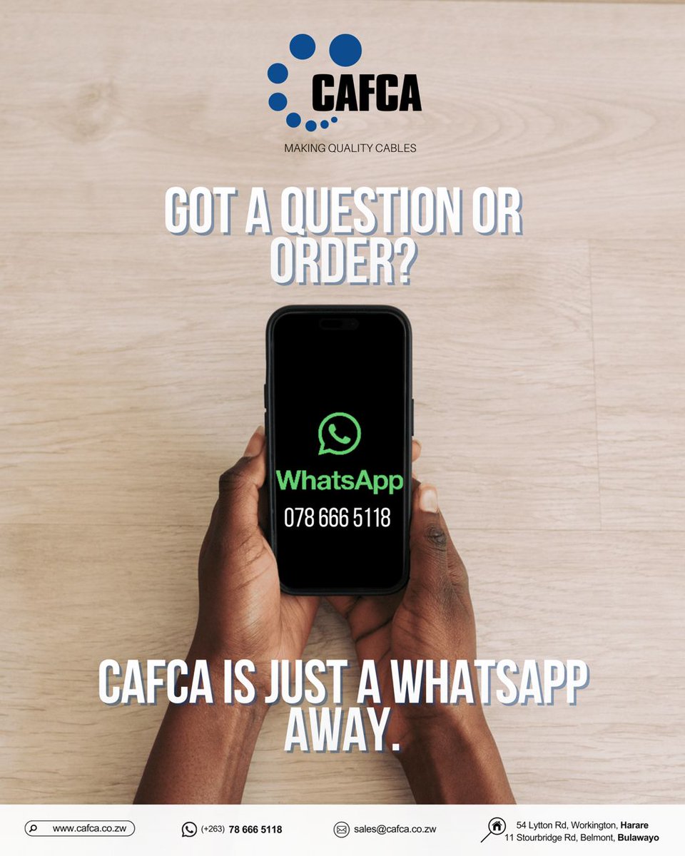 For enquiries, orders, and trusted technical advice,
📲 reach us on WhatsApp: +263 78 666 5118
We’re here to support you.
.
#CAFCA #QualityCables #CustomerService #CafcaWhatsApp #Convenience