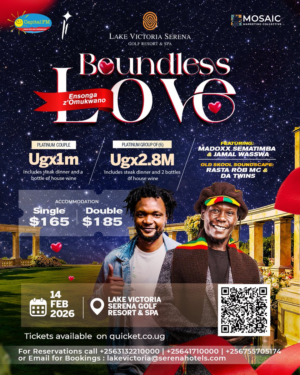CapitalFMUganda's tweet photo. Love doesn’t need boundaries…
just good steak, sweet vibes & Madoxx on stage.
This Valentine’s, come feel feelings you didn’t budget for. @heartandsoulkla
#BoundlessLove2026 #DateNightDoneRight #CapitalFM https://t.co/xqjxMsI626
