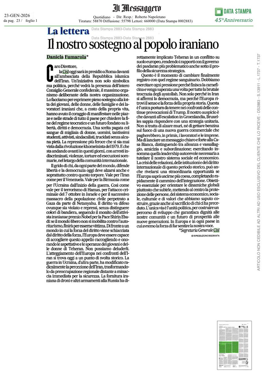 << Il diritto va difeso ovunque sia violato e represso, senza distinguere colori di bandiera, seguendo il monito dell'attivista iraniana e premio Nobel per la Pace Shirin Ebadi: se il mondo libero non si mobilita contro l’autoritarismo, finirà per esserne vittima>>: