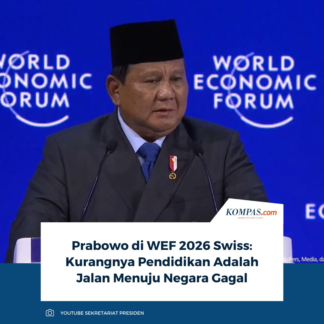 kompascom's tweet image. Prabowo menegaskan pendidikan kunci SDM unggul dalam pidato di WEF 2026. Ia menilai kurangnya pendidikan menyeret bangsa ke arah negara gagal.

Baca selengkapnya: nasional.kompas.com/read/2026/01/2…

_RKD #Prabowo #pendidikan #WEF2026
