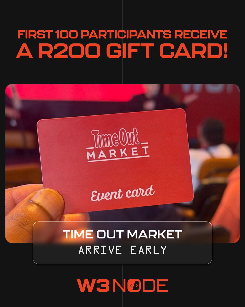 Be among the first 100 participants at Time Out Market this morning and get a R200 gift card. 😋

Arrive early — don’t miss out!

#W3Node2026 #Web3Africa #Builders #ConferencePerks #TimeOutMarket
