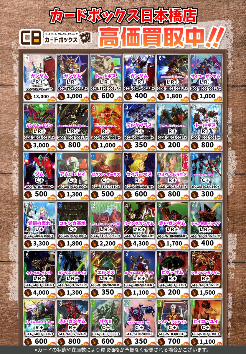 CB日本橋店ガンダムカードゲーム買取表 【注意事項】 ・上限枚数集まり
