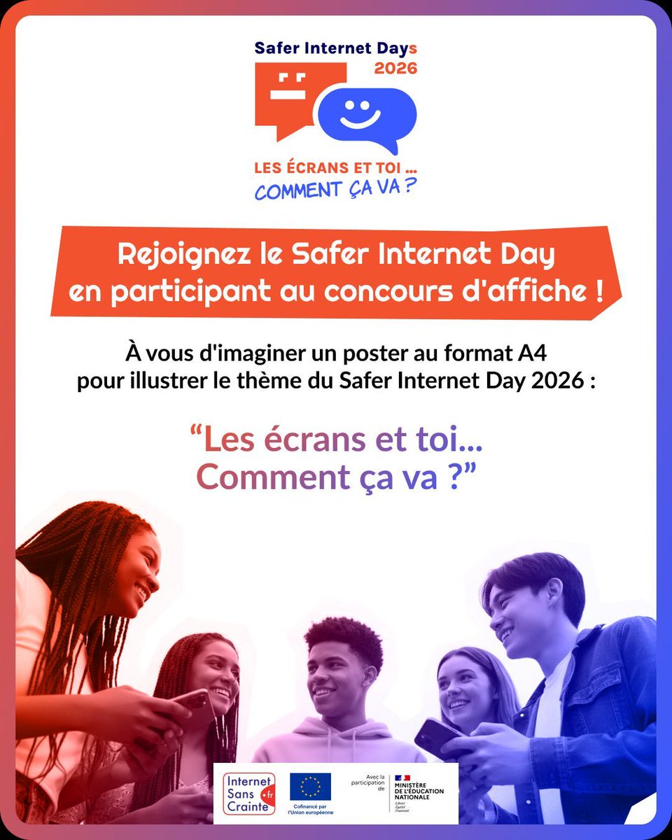 📢 Préparez la 23e édition du Safer Internet Day pour sensibiliser vos élèves au bien-être numérique !

Toutes les classes sont invitées à relever le défi : créer d’une affiche pour illustrer le thème du #SID2026 « Les écrans et toi... Comment ça va❓📱»

internetsanscrainte.fr/sid/concours