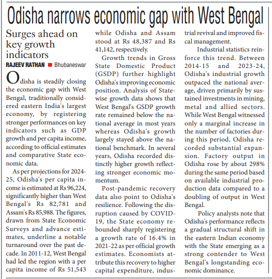 Odisha is closing the economic gap with West Bengal. 

FY25 per-capita income of Odisha at ₹96,224 already topping  West Bengal  at ₹82,781 

Odisha’s GSDP growth has mostly stayed at/above national average, while WB often lagged.

Industrial output in Odisha rose ~298%