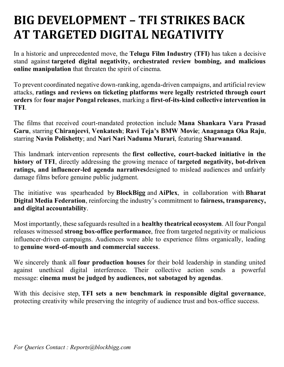 BharatDMF's tweet photo. The Telugu Film Industry sets a new benchmark in fair Digital Governance 🌐

This first-of-its-kind collective move ensured a healthy theatrical ecosystem. Through court orders, ratings and reviews on ticketing platforms were restricted for four major Pongal releases to prevent targeted negativity, review bombing, and agenda-driven campaigns.

A landmark initiative by BlockBigg and AiPlex, in collaboration with Bharat Digital Media Federation.

#BlockBigg #AiPlex #BharatDMF
