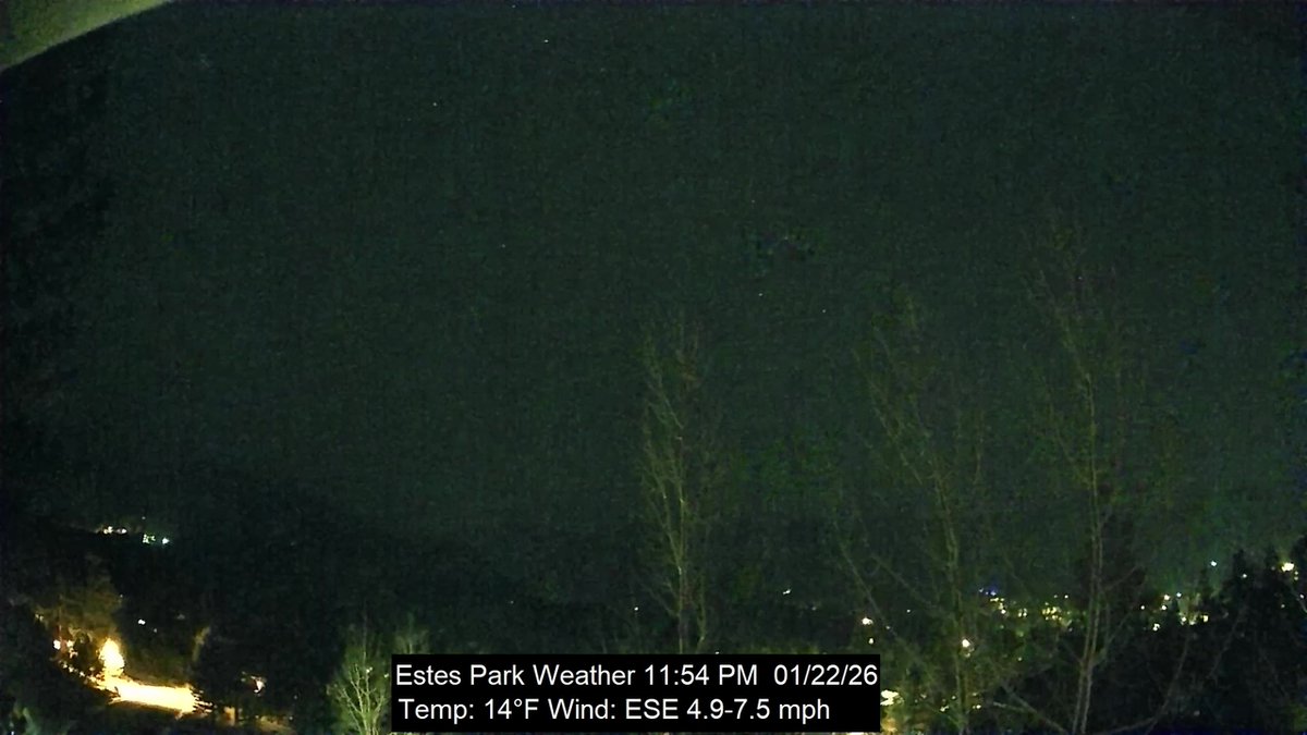 EstesWeather's tweet image. Estes Park, CO weather: clear | 14F | humidity 68 | wind ESE 2.8 -&amp;gt; 7.5 | Today: 15F/41F Rain 0.00 |  January 22, 2026 at 11:58PM #cowx