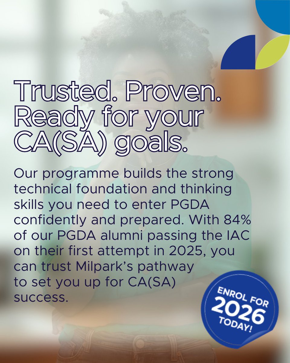Choose Milpark for your BCom in Accounting and start building a strong foundation for a future in the accounting profession or achieve your CA(SA) dreams.

Apply for our 2026 intake:pulse.ly/veoqtpec1r

#MilparkEducation #SchoolOfProfessionalAccounting