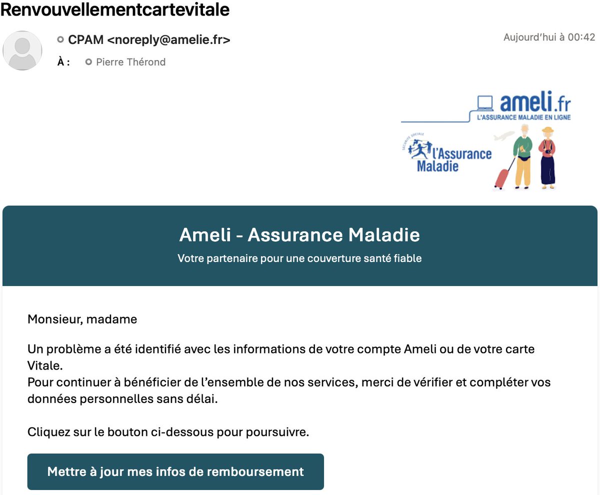 Attention #phishing #CarteVitale en cours : sensibilisez vos proches vulnérables à ce genre d'attaque.
<a href="/Assur_Maladie/">Assurance Maladie</a> <a href="/ANSSI_FR/">ANSSI</a>