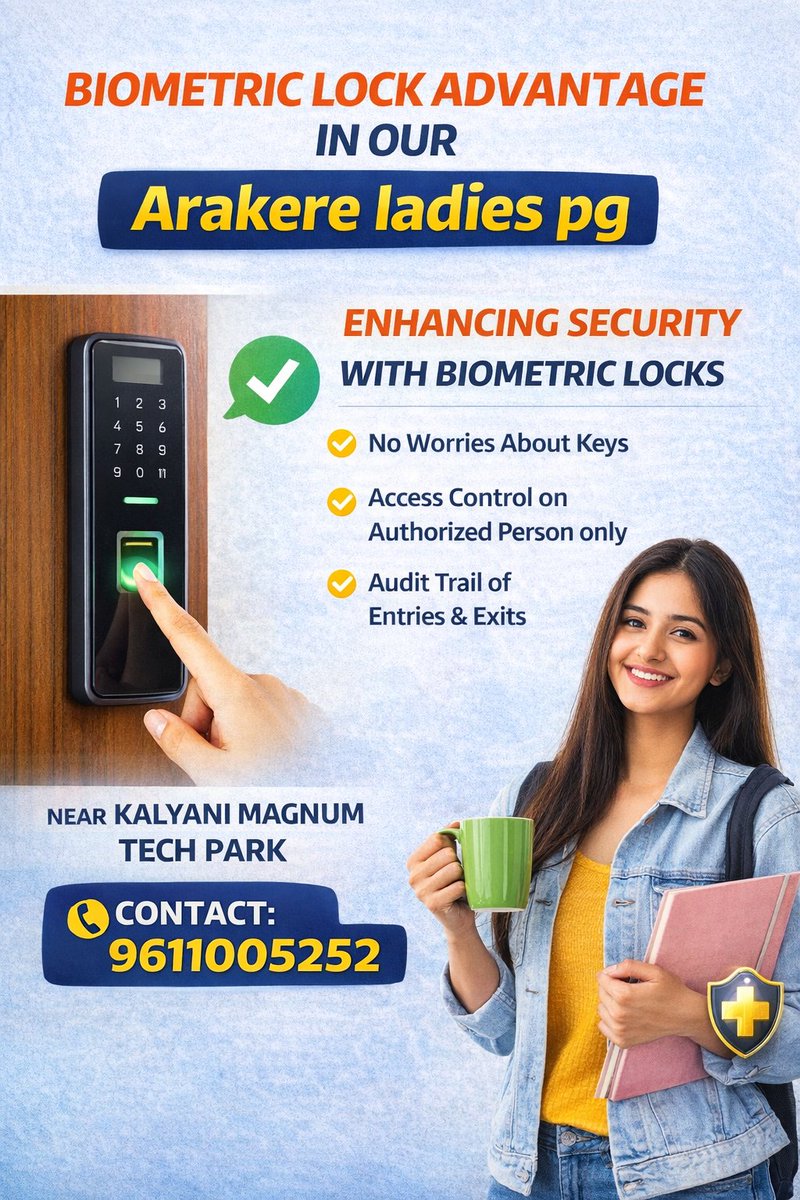 arakereladiespg's tweet photo. Secure &amp; Comfortable Stay for Women!
Arakere Ladies PG offers biometric lock entry, 24/7 safety, and a homely environment near Kalyani Magnum Tech Park.
📞Contact: 9611005252
#ArakereLadiesPG #SafePG #LadiesPGBangalore #BiometricLock #PGNearTechPark #WorkingWomensPG #SecureLiving https://t.co/wglgrGpGPR
