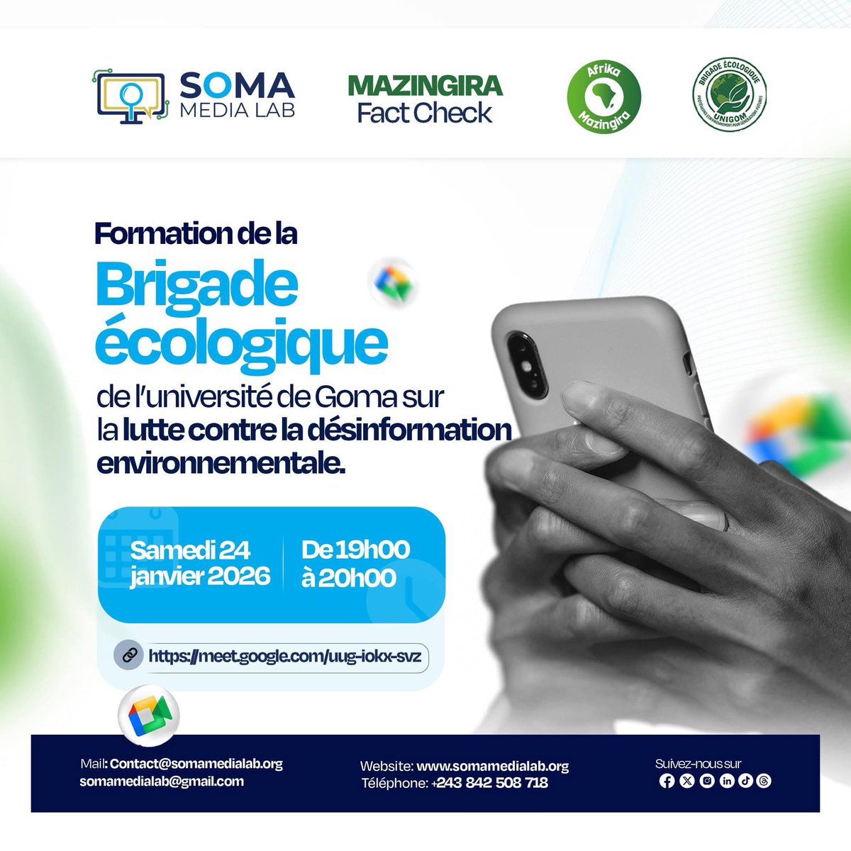 SomaMediaLab's tweet image. Chaque jour,des fausses infos sur l’environnement circulent et leurs impacts sont sous-estimés.

La désinformation freine l’action citoyenne et affaiblit les solutions durables.

Formation ce samedi à partir de 19h00 avec la brigade écologique de @Unigom_RDC.

#MazingiraFactCheck