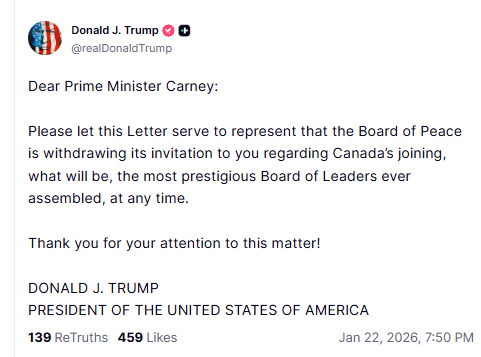 Trump on Thursday withdrew Canada’s invitation to join his new “Board of Peace,” officially notifying Prime Minister Mark Carney.