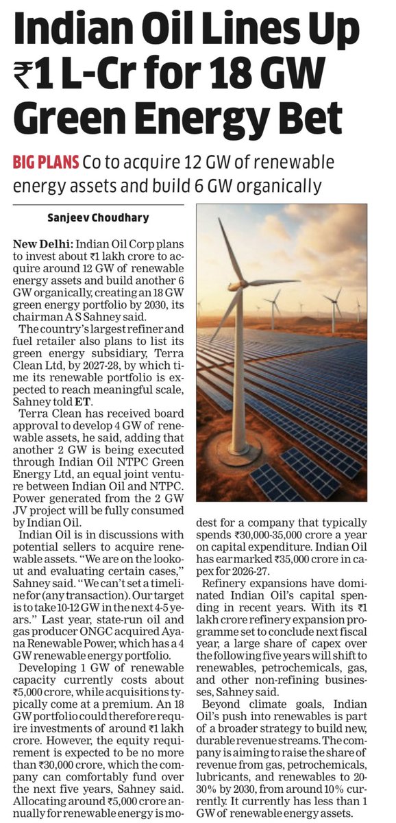 Indian Oil Lines Up ₹1 L-Cr for 18 GW Green Energy Bet. #greenenergy #renewables #cleanenergy <a href="/IndianOilcl/">Indian Oil Corp Ltd</a>