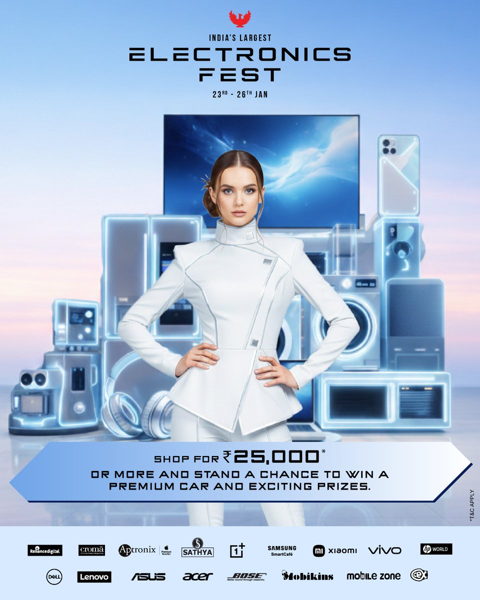 pmcchennai's tweet image. The ultimate tech takeover is here! 💻 India’s Largest Electronics Fest: Jan 23–26. Shop big, win a PREMIUM CAR and more!

See you at Phoenix Marketcity Chennai. ⚡

Visit Today!

#ElectronicsFest #TechDeals #GrandGiveaway #TechUpgrade #PhoenixMarketcityChennai