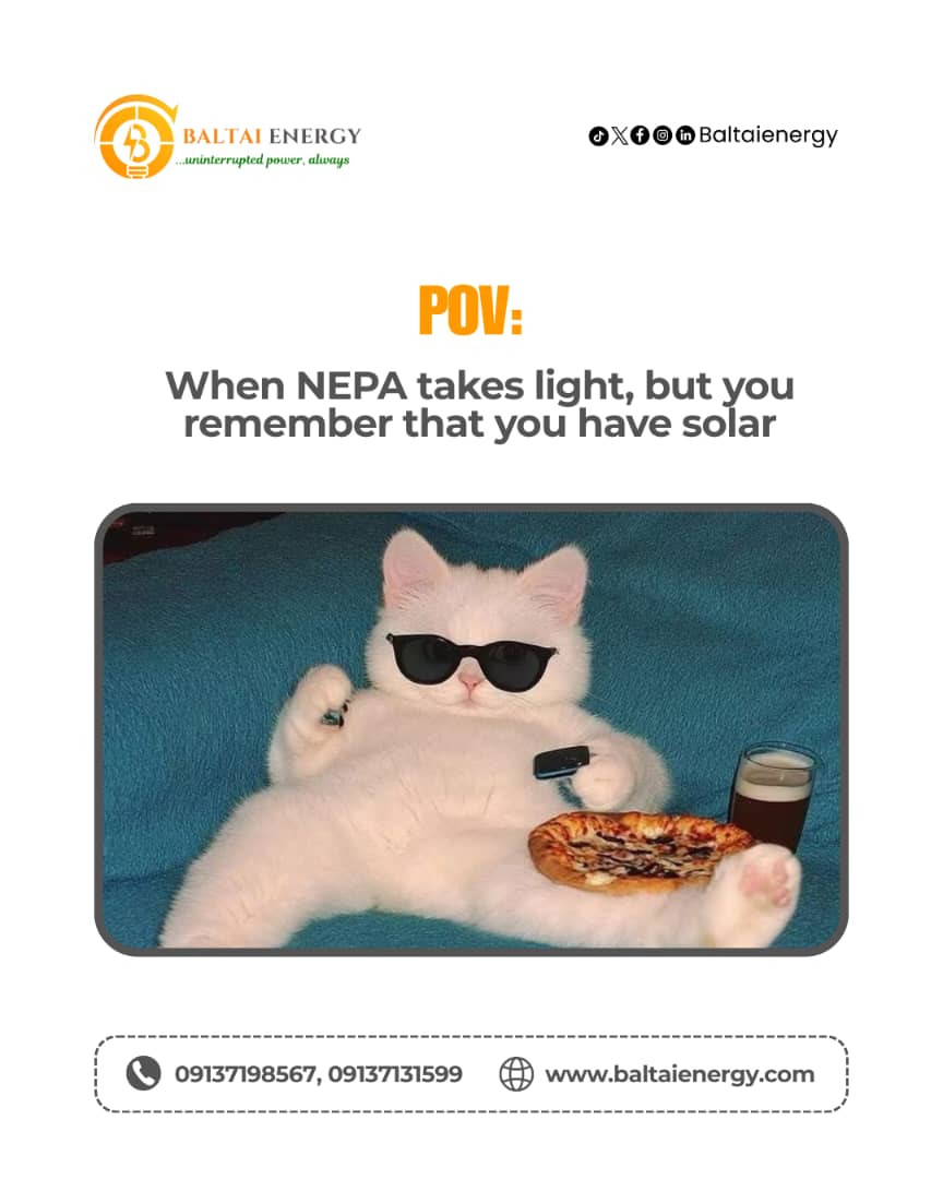 BaltaiEnergy's tweet photo. While the whole street is looking for their torches, 🤣you’re just finishing your movie in AC. Living the solar life hits different😎⚡️

NEPA showing you shege? 🌚😆Switch to the soft life⚡️
 
Call us now: 09137198567 or 09137131599 

#BaltaiEnergy #SolarNigeria #CleanEnergy https://t.co/AGASJsbBN0