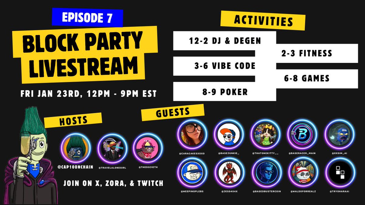 AllYourBase_AYB's tweet photo. 🔥Friday Block Party Livestream🔥    

We’re going live ALL day — Degen Trading😈, fitness, vibe coding, gaming, and pure @BASE energy.

No script. No filter. Just vibes, memes, and mayhem.  

Tune in live on X or @retakedottv 👉 https://t.co/BliMeJcHQ1 

Guests are pulling up from all corners of Base. @DecentralBros @tryoharaAI @waldoforrealz @caracakesxoxo @TravelAloneGirl @BaseRacer_Main @KryptoCockCoin_ @WeepingPlebs @CatTownBase @BasedBusterCoin @gladiatortcg @BaseJunkie_ @TheDojiETH @Jess4x4X @synseerlii @ThatOneKitty__