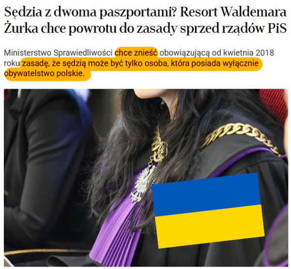 Wyobraźcie sobie, że stoicie przed sędzią Ukraińcem w sprawie o mowę nienawiści. Tego chce minister Żurek!

Minister Sprawiedliwości chce umożliwić osobom posiadającym podwójne obywatelstwo sprawowanie urzędu sędziego oraz prokuratora. Jeśli to przejdzie, sądowe korytarze zaroją