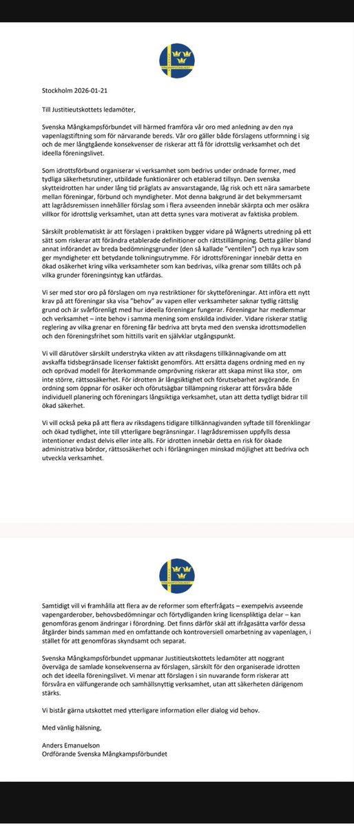 LtTorstenson's tweet image. Svenska mångkampsförbundet ser det som politikerna blundar för, det är inte organiserad skytteverksamhet som är problemet.

Kriminalitet och psykisk ohälsa är problemet men @moderaterna @sdriks @kdriks @liberalerna fokuserar på att hindra idrottsutövare i sin verksamhet

#SGL