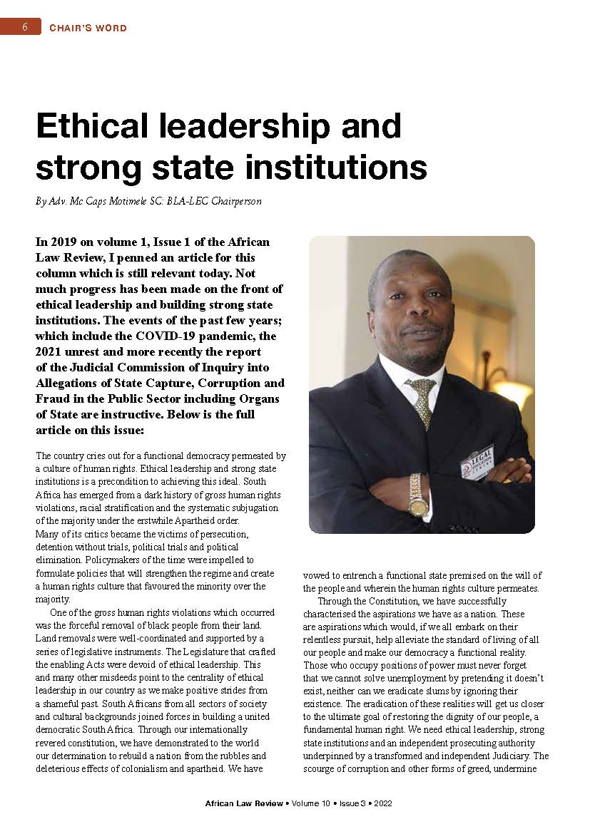 blalecafr's tweet photo. The African Law Review features The Chair’s Word, offering a thought-provoking analysis of ethical leadership and the importance of strong state institutions. Read the article here: https://t.co/tYw3VL2mC3 https://t.co/9WYbeTORtZ