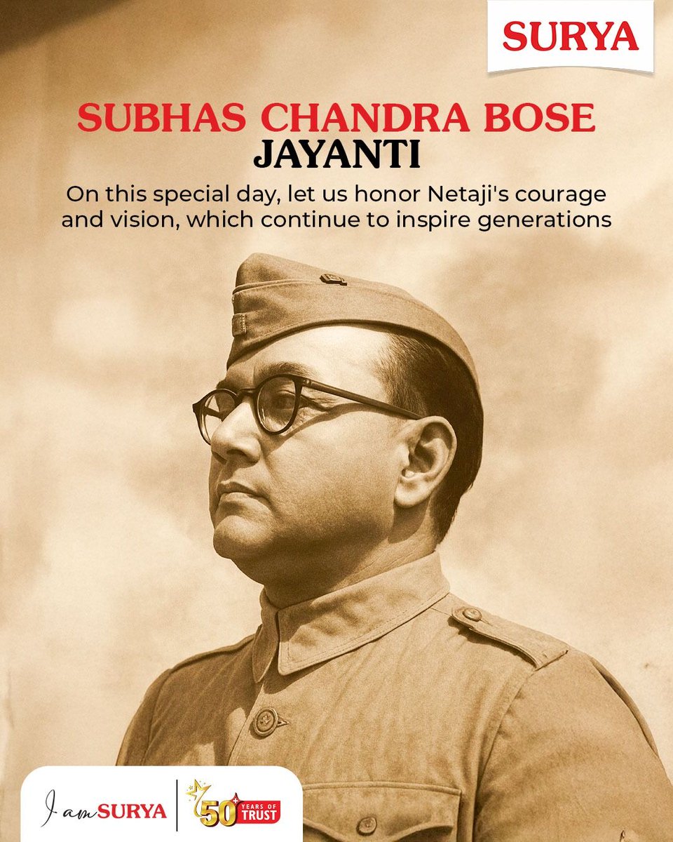surya_roshni's tweet photo. As we honour Netaji Subhas Chandra Bose legacy, may his ideals guide us to build a stronger, more resilient, and progressive nation. 

Happy Subhas Chandra Bose Jayanti

#LegacyOfCourage #VisionaryLeader #NationFirst #IndiaRemembers #PrideOfIndia #SuryaRoshni #52YearsOfTrust https://t.co/e7Zt3TqnL0