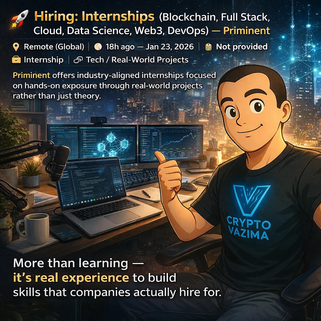 🚀 Hiring: Internships (Blockchain, Full Stack Dev, Cloud Computing, Data  Science, Web3, DevOps) — Priminent 📍 Remote (Global) | 💼 Internship |  🧑‍💻 Tech / Hands-On Projects | 💰 Not provided |