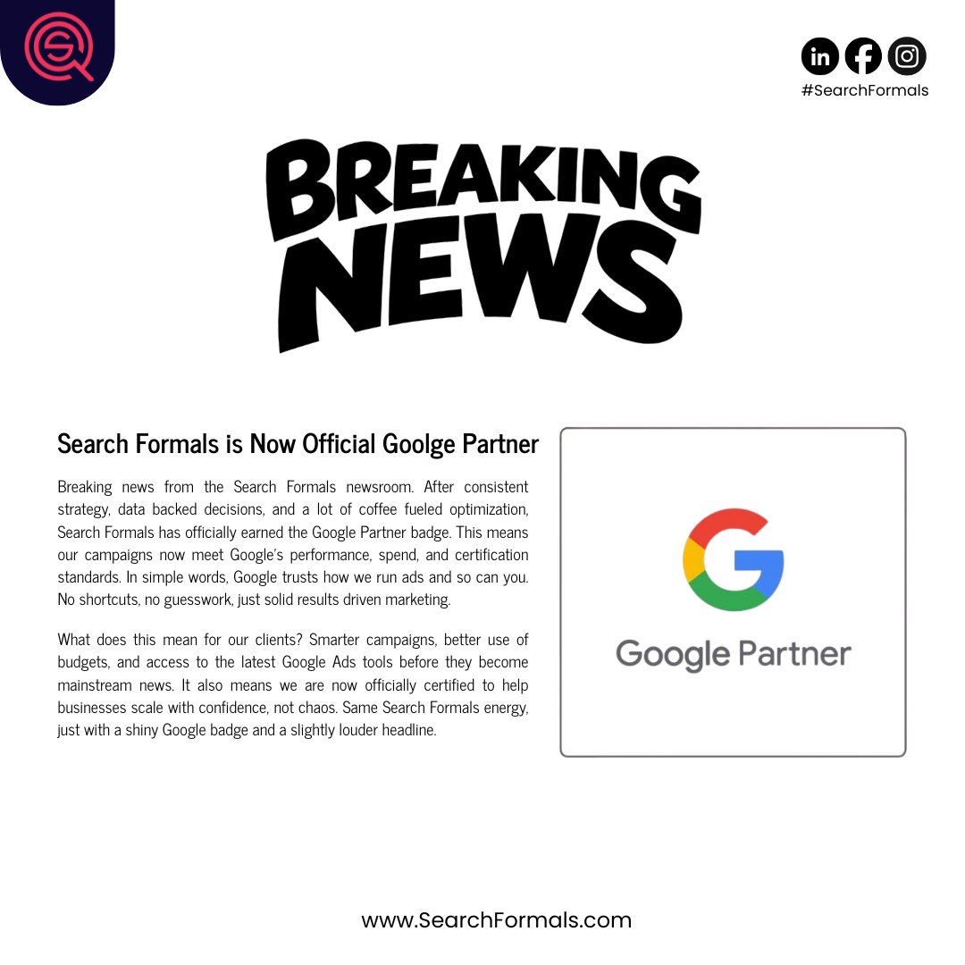 SearchFormals's tweet photo. Extra extra, read all about it. Search Formals just earned the Google Partner badge. Certified strategies, smarter ads, and results that actually make sense.

#SearchFormals
#AgencyNews
#DigitalMarketingNews
#marketingupdate #GooglePartner
#GoogleAdsPartner
#GoogleCertified https://t.co/TKCiU68lYc