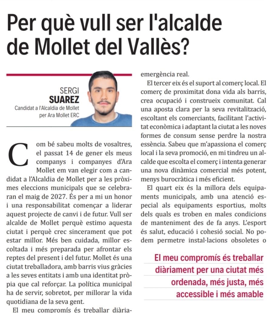 sergisuarezm's tweet photo. ✍️Us comparteixo l’article que avui publica el @DiariSomMollet on explico per què vull ser alcalde de Mollet i els meus punts prioritaris de govern. 

⏩️ https://t.co/rzvtJILTfo https://t.co/DtDGiEZfGN