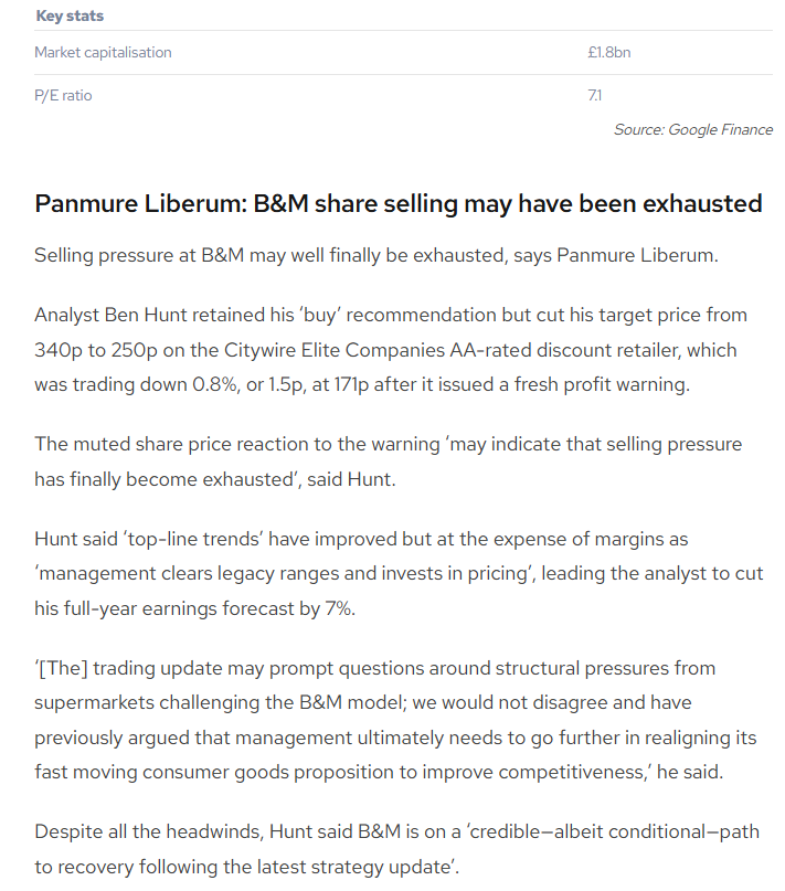 entrustTMF's tweet image. #BME Panmure Liberum: B&amp;amp;M share selling may have been exhausted