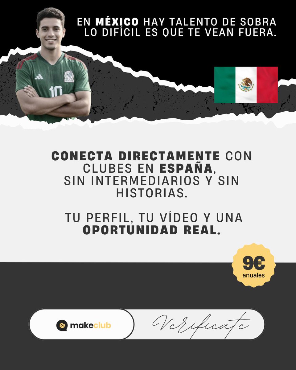 Muchos sueñan con jugar en España.
Pocos saben cómo intentarlo de verdad.

MakeClub conecta jugadores mexicanos con clubes españoles, sin representantes ni vueltas raras.

El intento empieza aquí.

👉 Envía correo a info@makeclub.app
👉 Verifica tu cuenta en horas