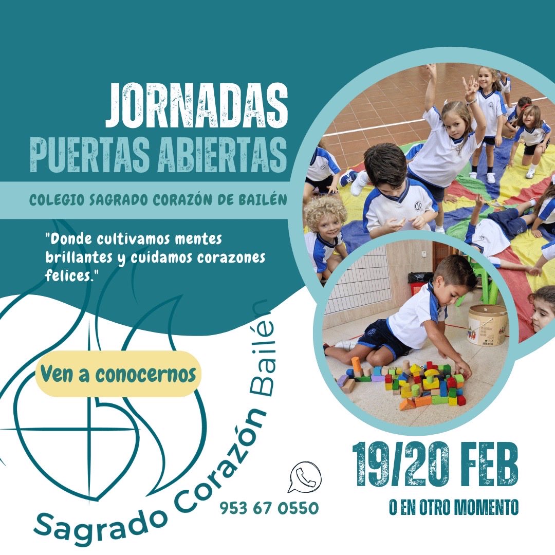 ¿Estás buscando cole para escolarizar a tu hijo/a? Ven a conocernos a nuestras jornadas de puertas abiertas los próximos días 19 (tarde) y 20 (mañana) de febrero. ¡SOMOS TU COLEGIO!
Llama para reservar tu cita al 953 67 0550. 

#YoSoySagradoCorazón
#SaberMásParaServirMejor