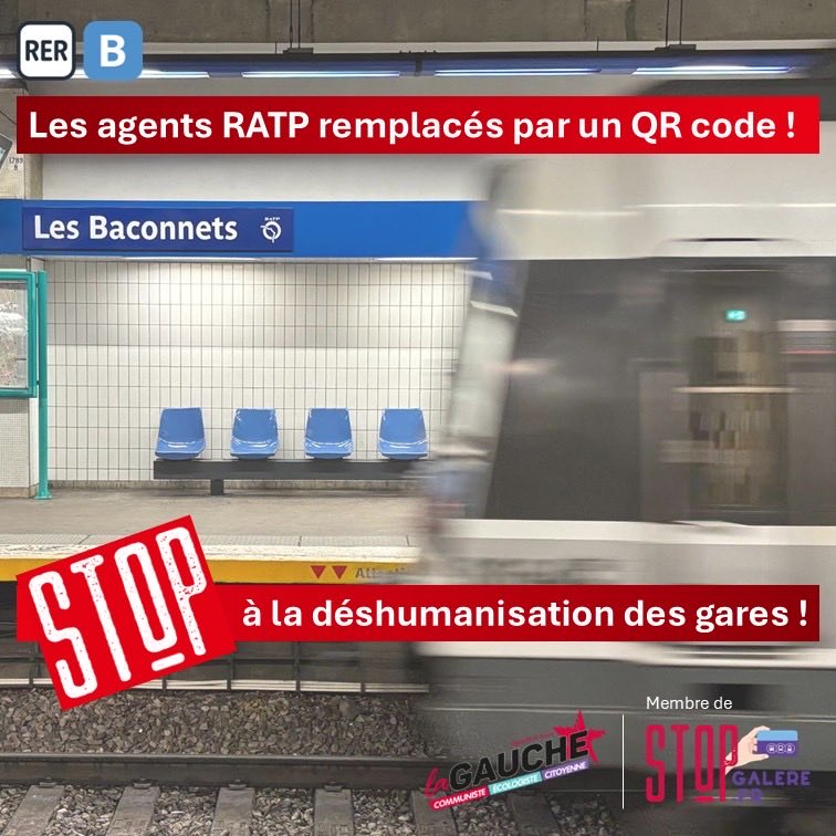🚊 RER B : LES AGENTS RATP REMPLACÉS PAR UN QR CODE

Notre groupe et la <a href="/CgtRatp/">CGT-RATP</a> révèlent la suppression d’agents en gare… remplacés par un QR code

❌ 6 gares en test > une généralisation à l’étude

Île de France Mobilités doit cesser la déshumanisation des gares !

#STOPGALERE