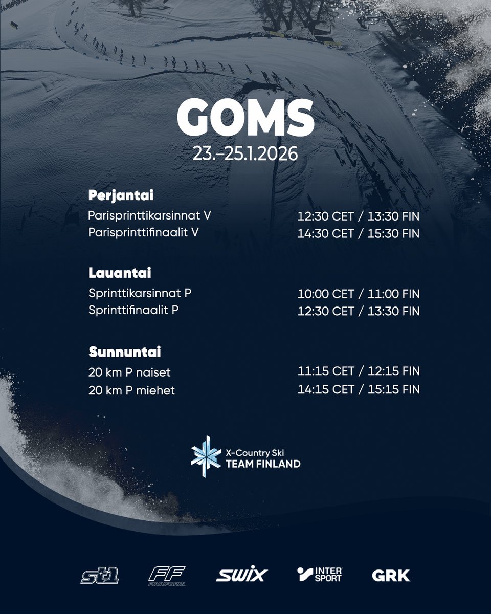 hiihtoliittofin's tweet photo. Hiihto | Viimeistä viedään ennen helmikuun olympiaurakkaa.💥 Nappaa tästä tahdit viikonlopun viettoon – tänään startataan parisprinttien merkeissä.
📺 Viaplay ja Yle.
#hiihto #xcteamfin https://t.co/w8BXpndO4F