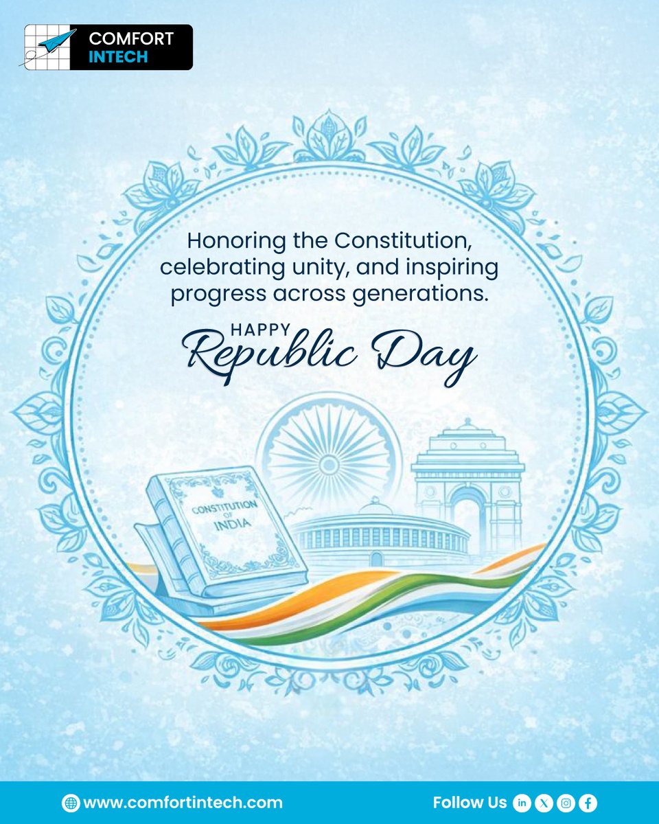ComfortIntech's tweet photo. Honoring the Constitution, celebrating unity, and inspiring progress across generations.
Wishing everyone a proud and meaningful Republic Day.
#HappyRepublicDay #ComfortIntech #ConstitutionalValues #UnityInDiversity #ProgressTogether https://t.co/jEBOlRXwoN