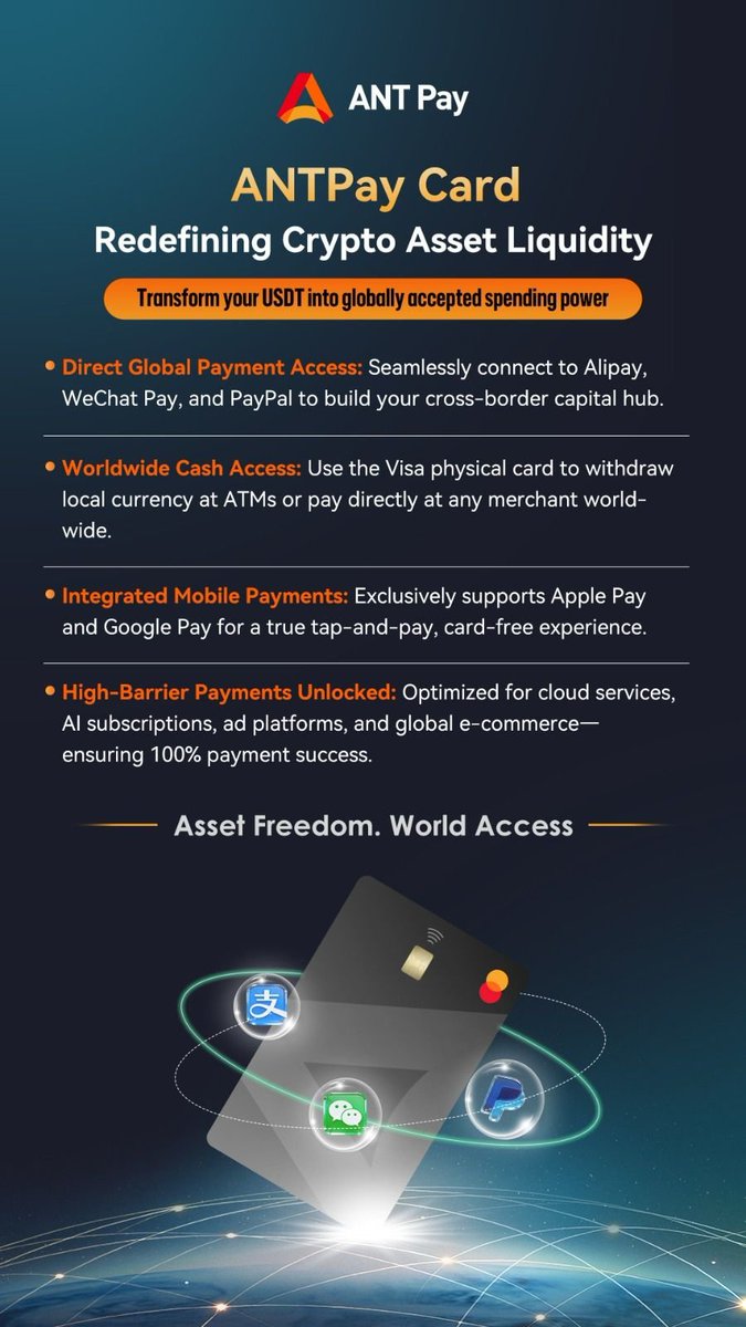 Tired of your crypto being stuck in your wallet? Now, turn your USDT into  real spending power — accepted worldwide. 🚀 Introducing the ANT Pay Card ✓  Directly connects to Alipay, WeChat