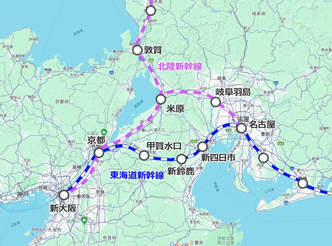 one_ten_fre's tweet image. 東海道新幹線移設と北陸新幹線米原ルート

これが1番納得できる！

メリット①東海道新幹線が雪の影響を受けなくなる。

メリット②北陸新幹線の建設費を抑えれる。

メリット③東海道新幹線の安定運行を口実にする事で事業がスムーズに進む。

メリット④空いた枠で北陸中京新幹線も運行できる。