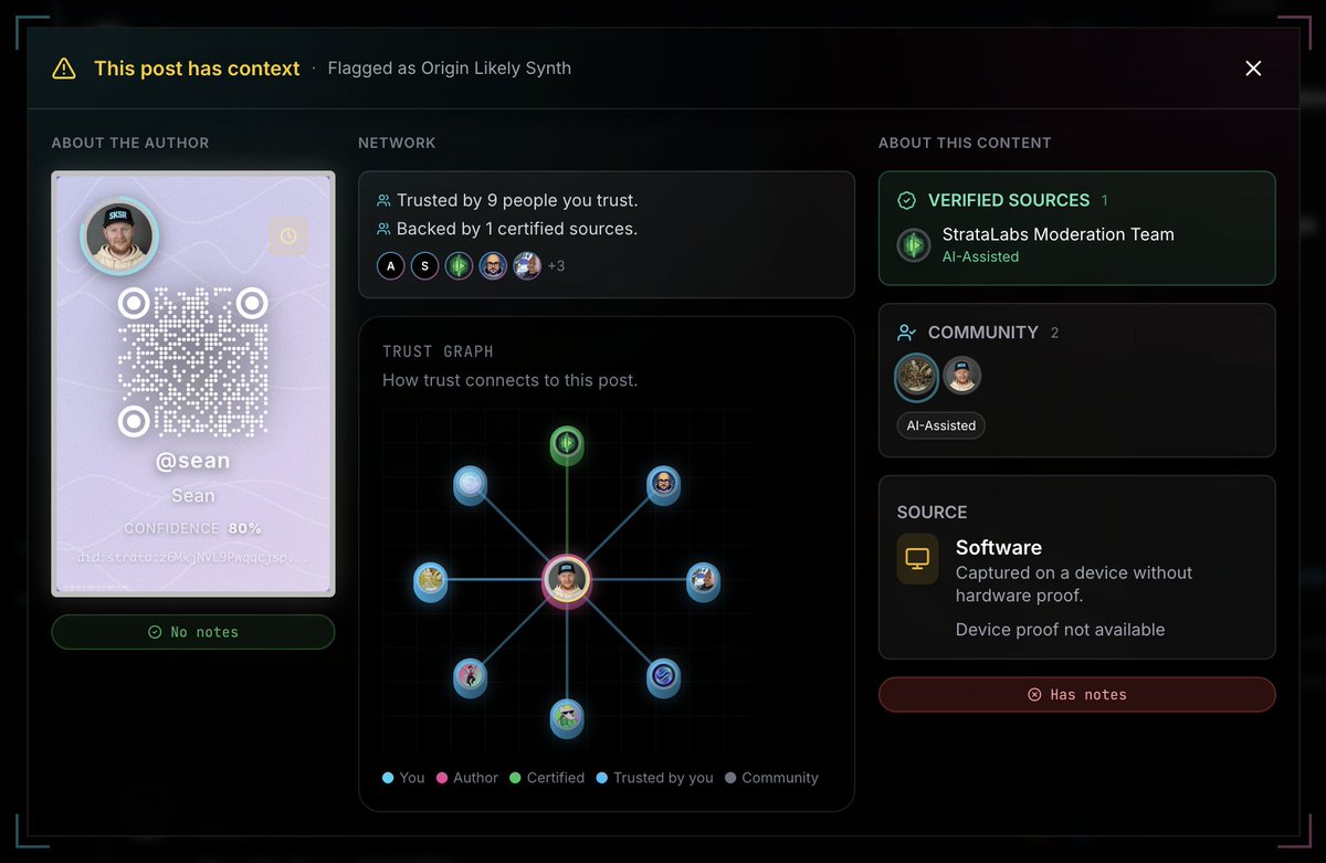 IAmSeanRed's tweet photo. I've been working on a decentralized social protocol and PoC built around trust layers (from provenance to web of trust). One entity shouldn't control narrative and users should understand what they are viewing and choose what see.

Not "EU-First" but just happen to be building in Europe. This is what W should be.