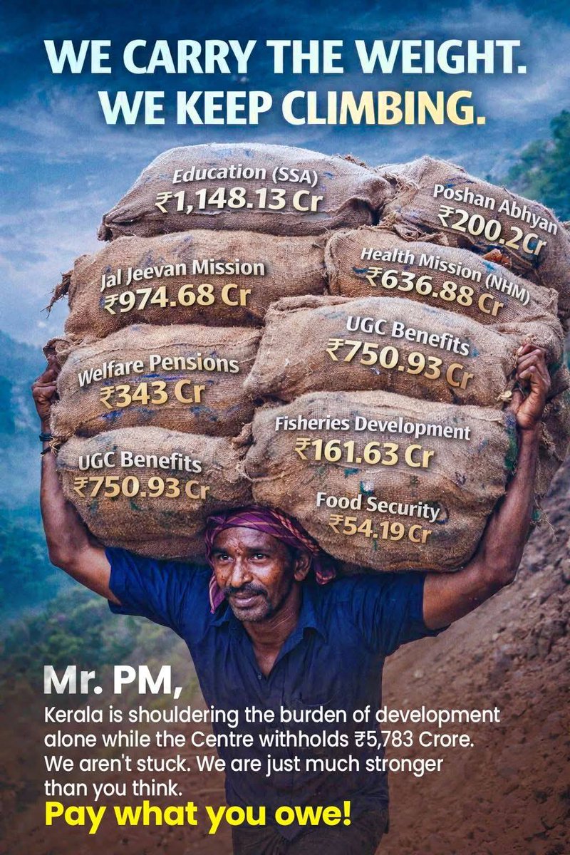 cpimspeak's tweet photo. Kerala is shouldering the burden of development alone while the Centre withholds ₹5,783 Crore. We aren't stuck. We are just much stronger than you think. Pay what you owe.
#KeralaAsksModi https://t.co/Bi9EDiCzv4
