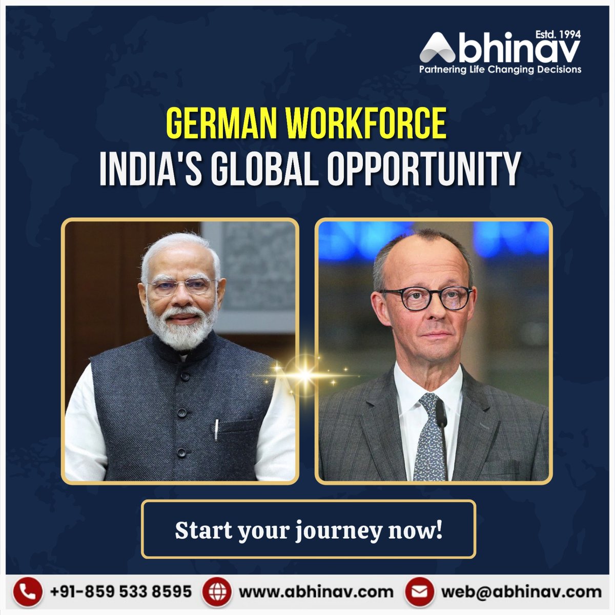 abhinavimmi's tweet image. India’s talent meets Germany’s demand 🇮🇳🤝🇩🇪
Start your global career with expert guidance.
#GermanWorkforce #WorkInGermany #GlobalCareers #AbhinavImmigration #since1994