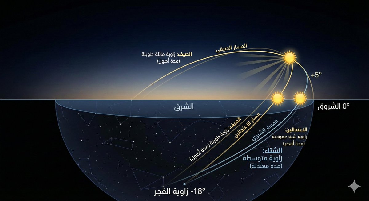 بين الفجر والشروق .. زمنٌ يتمدد وينكمش

قد يظن البعض أن الفترة الزمنية بين أذان الفجر (بداية الخيط الأبيض) وبين شروق الشمس ثابتة طوال العام، والحقيقة الفلكية أنها متغيرة كبقية الظواهر الكونية، وتخضع لميل الشمس وموقع المدينة الجغرافي.

لو أخذنا العاصمة #الرياض مثلاً :
☀️ أطول فترة