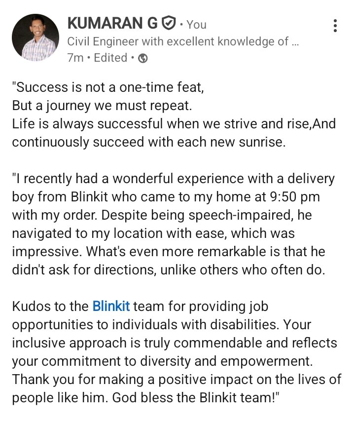 tgkum1982's tweet image. Kudos to @letsblinkit 

God bless you all 

#hearingimpaired 
#speechimpaired 
#personwithdisability