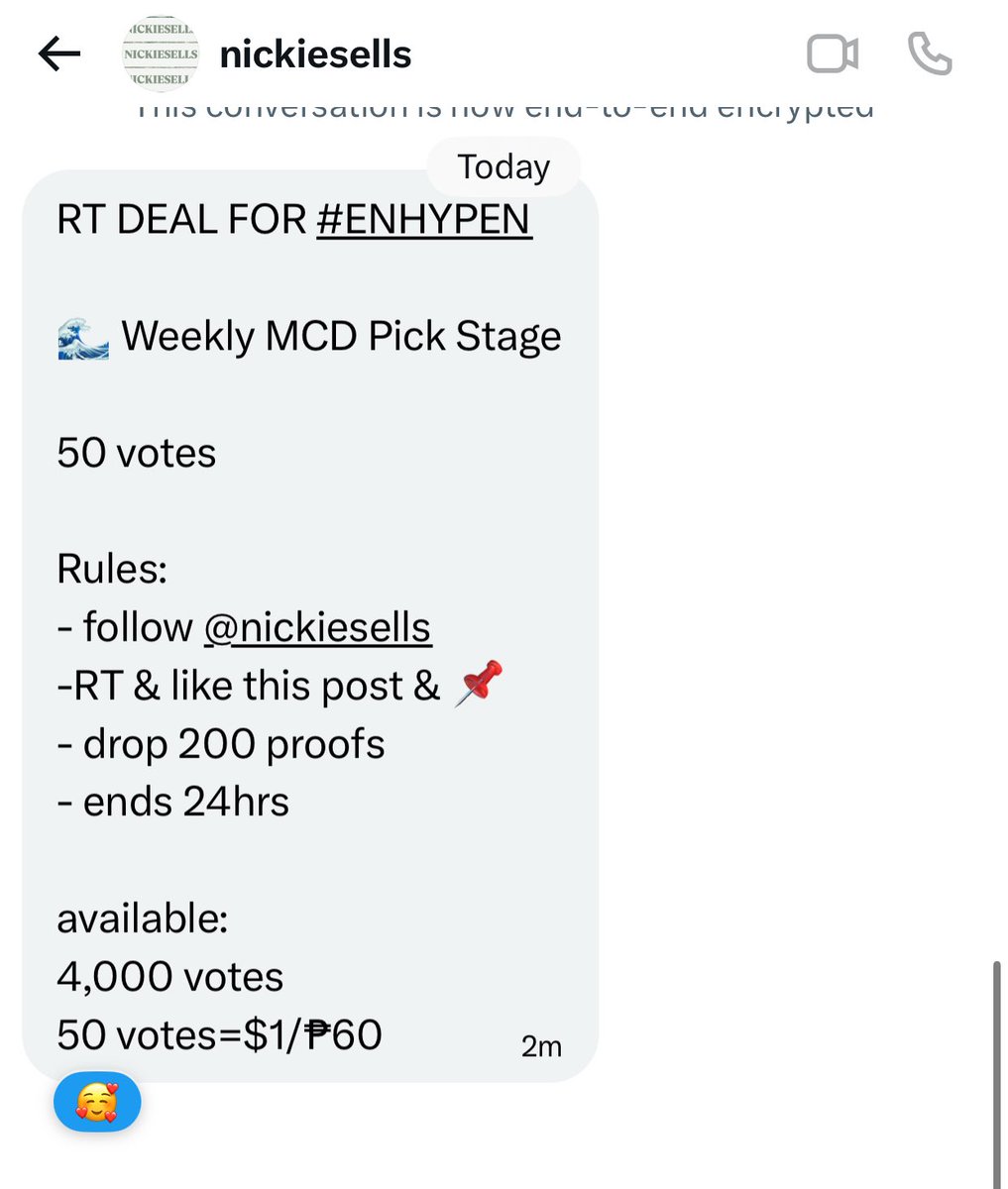Peppernef's tweet photo. RT DEAL FOR #ENHYPEN

🌊 Weekly MCD Pick Stage

50 votes

Rules:
- follow @nickiesells
-RT &amp; like this post &amp; 📌
- drop 200 proofs
- ends 24hrs

available:
4,000 votes
50 votes=$1/₱60 https://t.co/NTSF7rlTBz